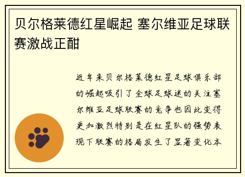 贝尔格莱德红星崛起 塞尔维亚足球联赛激战正酣