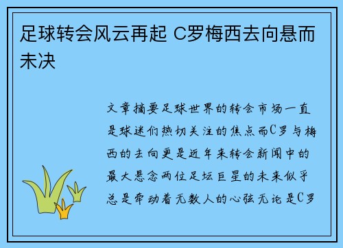 足球转会风云再起 C罗梅西去向悬而未决